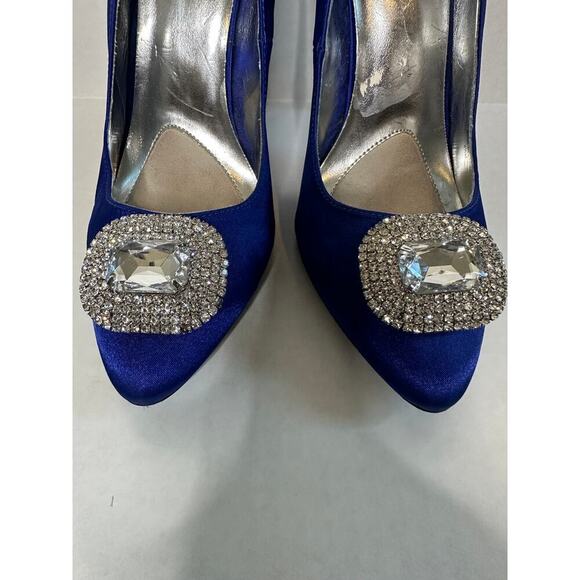 Size 8.5 Blue Satin Rhinestone Something Blue Stiletto Heels Shoes Wedding - Picture 4 of 12
